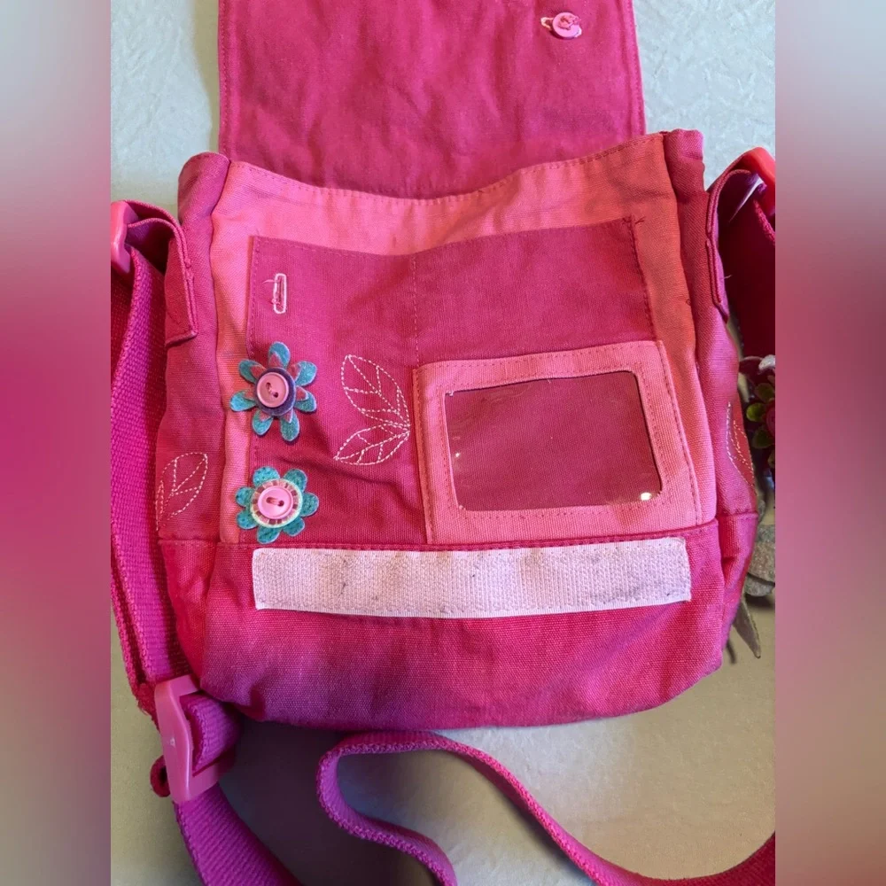American Girl Pink Embroidered Cotton Canvas Fabric Crossbody Messenger Bag